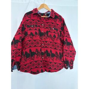 Bit & Bridle Red Horse Southwestern Fleece Snap Front Shirt Jacket Shacket